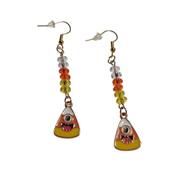 Handmade Candy Corn Halloween Dangle Beaded Earrings Fun Festive 3 Inch Length - Picture 3 of 7